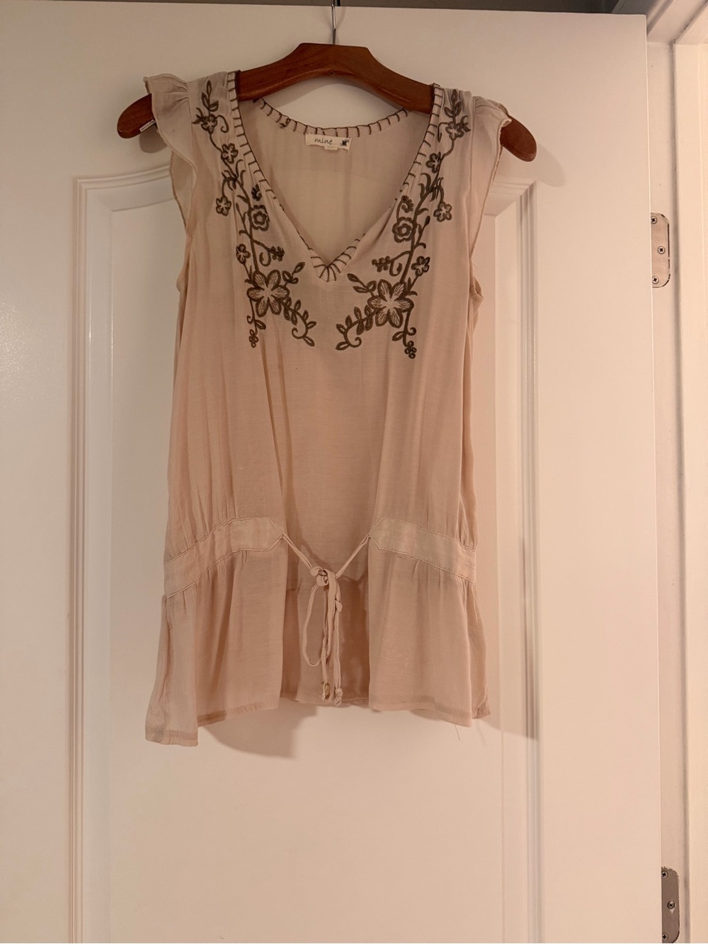 mine Beige Embroidered V-Neck Ruffle Camisole